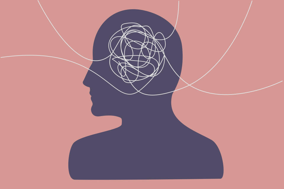 Tangled ideas, the concept of information overload.  Several lines of different directions intertwining in a person's head, flat illustration.