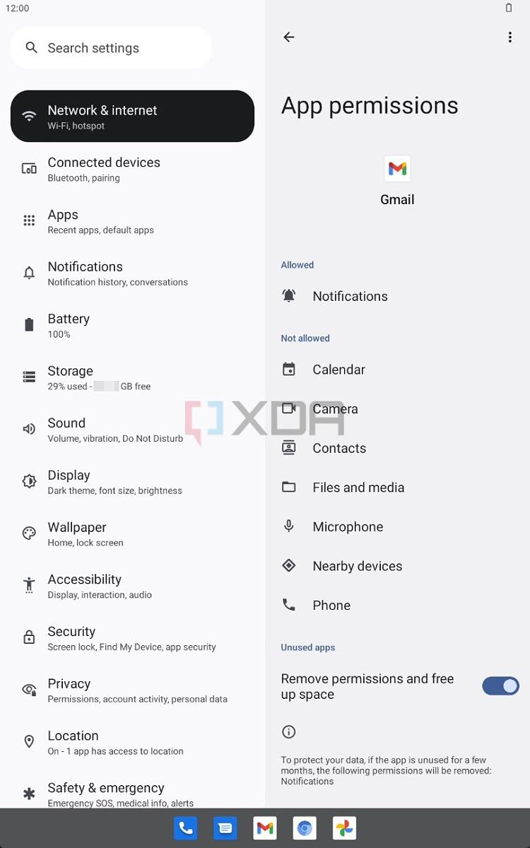 Screenshot of Gmail app permissions setting