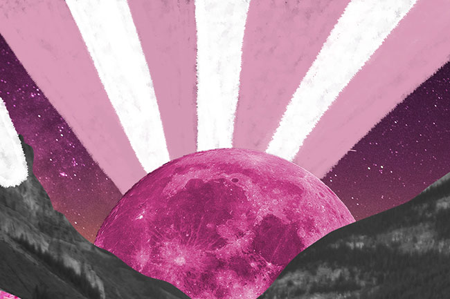 The illustration shows two black mountains and a pink sun rising between them.  Its rays are white and pink