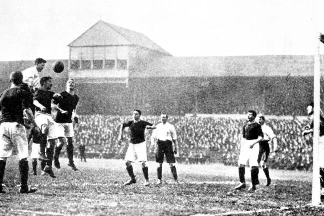England play Scotland in soccer, in Bramall Lane, Sheffield, 1903. Vivien Woodward