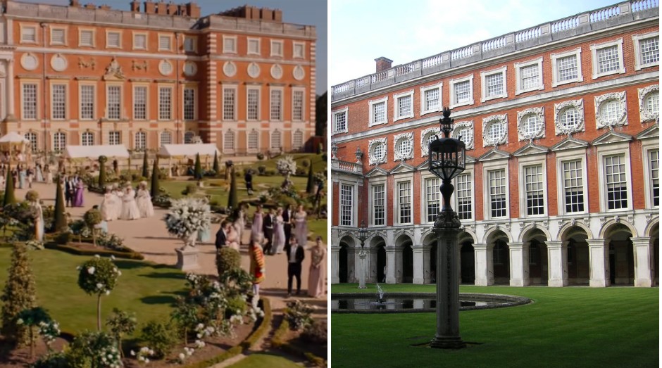 Hampton Court Palace is shown in Bridgerton (Image: Playback/Youtube/Wikimedia Commons)