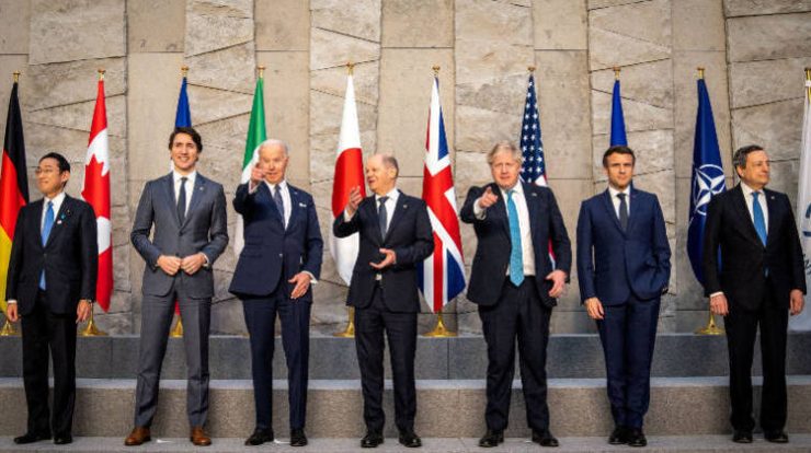 Os líderes dos países-membros do G7: Japão, Canadá, EUA, Alemanha, Reino Unido, França e Itália