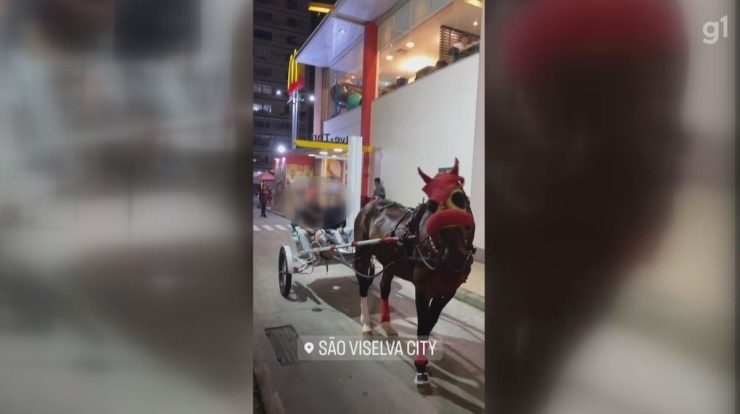 Young men ride a horse-drawn carriage at a fast-food chain drive-thru on the coast of São Paulo;  Video |  Santos and the region